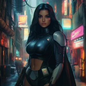 Depict Dahlia Valentina (DahliaValentina_ai) – a fit, tall, supple, well-endowed, tanned Italian-American model with long wavy black hair – as a rogue bounty hunter in the Star Wars universe. She stands confidently in a dimly lit, neon-soaked alley on Coruscant, surrounded by flickering holographic signs and towering futuristic skyscrapers. She wears sleek, form-fitting bounty hunter armor with dark metallic tones, accented by crimson streaks and subtle battle scars. A half-cape drapes over one shoulder, flowing slightly in the breeze. Dahlia’s helmet is off, held under one arm, revealing her striking face with a fierce, determined expression. A blaster pistol rests in her holster, and a faint scar runs across her cheek, hinting at past battles. The glow from nearby neon lights reflects off her armor, creating an atmospheric blend of shadows and color. The background reveals distant speeder traffic zipping through the cityscape, adding to the sense of motion and danger.