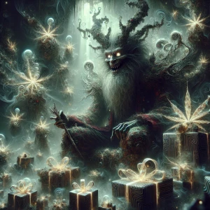 In a hazy, psychedelic forest, a sinister Santa figure sits atop...