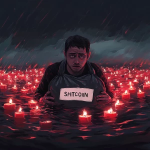 man holding a heavy bag labeled "SHITCOIN" while drowning in a s...