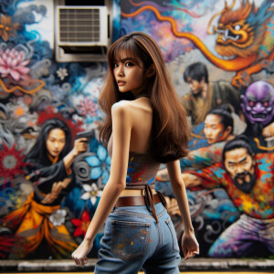 Attractive, Asian teenage girl, long brown hair and bangs, wearing tight skinny jeans and a halter top paint marks on her clothing, backside view heroic pose Asian graffiti