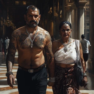 realistic painting,a muscular, tattooed employer man and his 54-...