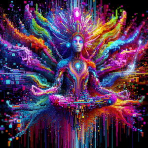 A whimsically chaotic AI deity, its digital form a riot of glitc...