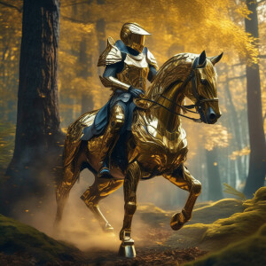 Futuristic robot riding a horse through a dense forest  wearing...