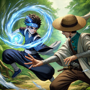 Aang using his powers against Luffy