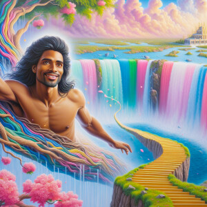 A hyper-realistic 3-Dh oil painting colorful waterfall out of th...