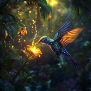 Digital painting. A bioluminescent hummingbird sips nectar from...