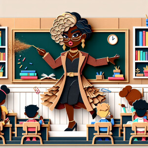 A layered paper cut style scene with a boujee luxe chibi African...