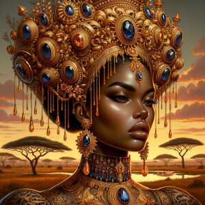 A digital illustration of a Latina woman's portrait with a luxur...