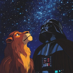 Mufasa and Darth Vader wearing his iconic costume stand side by...