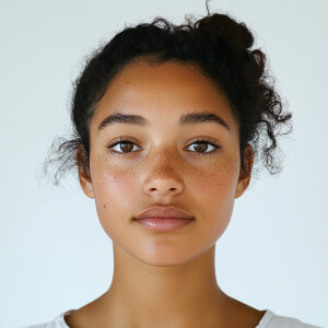 Portrait of a young woman, age 21, with a blend of Mexican and A...