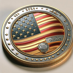 Create a 3-D coin, the coin is shiny gold and silver, the coin h...