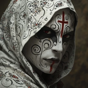 A close-up portrait of a person with a white face painted with i...