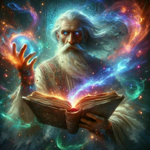 A wizard with a long white beard casting a spell from an ancient tome, with colorful sparks swirling around him