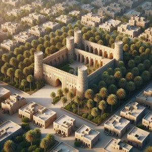 Al-Qamous Fort is surrounded by old houses and palm trees.