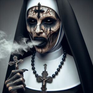 vapor effect, horrorcore demonic nun with cracked weathered epid...