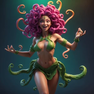 A beautiful medusa without her shirt on. Doing a dance