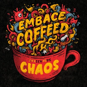 hand-drawn coffee cup overflowing with swirling chaotic animals,...