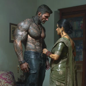 Hyperrealism image.a muscular beefy tattoed gujarati sweaty  man...