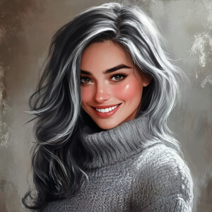 A shoulder length brunette with grey streaks in her hair dressed...