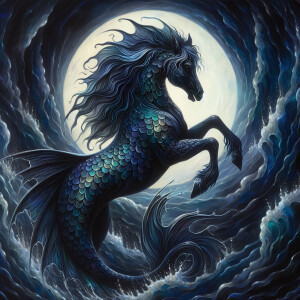 A hauntingly beautiful kelpie emerges from the depths, its inky...