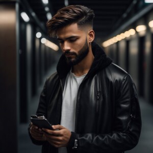 Create a portrait of a young man in a modern urban setting. He h...