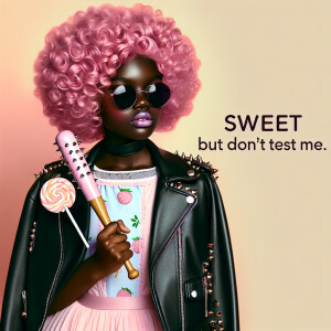 A melanin girl with bubblegum pink curls, wearing a leather jack...