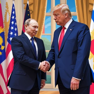 Trump and Putin shake hands, in digital art style