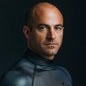 Create an  midlife aging progression image of a balding brown ha...