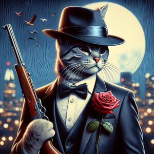 cat in a tuxedo, fedora hat, rose in pocket, Thompson rifle in h...
