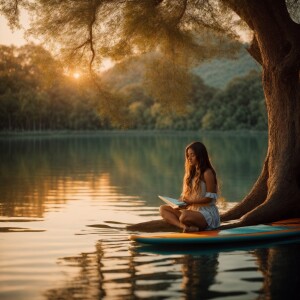 A young woman with long brunette hair sits serenely on a colorfu...