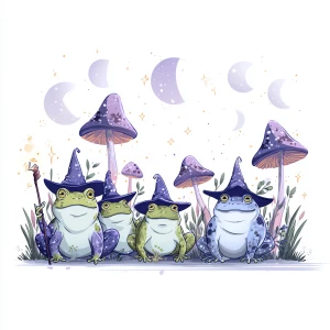 five wise cartoon frogs in wizard hats sitting under glowing mus...