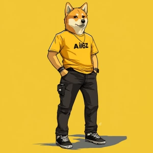 DOGE meme.,dressed in a yellow t-shirt and black jeans, on the t...