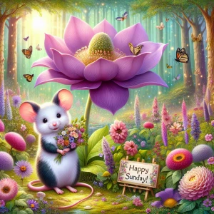 Animate a cute white and black fuzzy mouse, standing beside a be...