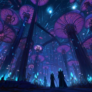 A wide cinematic view of a colossal bioluminescent alien forest...
