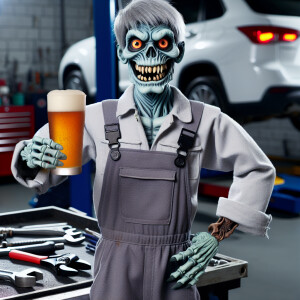 Cartoonish Ghoulish mechanic in grey coveralls holding a beer