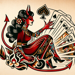 Devil woman pin-up with playing cards  in a neo-traditonal tatto...