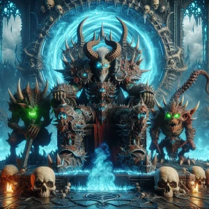 goblin warrior sitting on a throne, with a creature by his side....