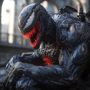 8k resolution up close image of venom with  red teeth biting a f...
