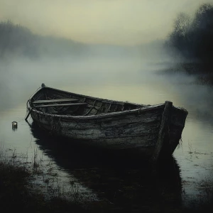 Visualize a weathered rowboat adrift on a mist-covered lake at t...
