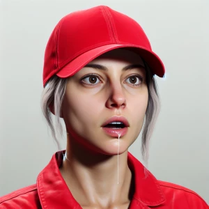 Create a hyper-realistic image of a woman wearing a red baseball...