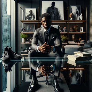 An African American entrepreneur seated at a custom glass desk i...