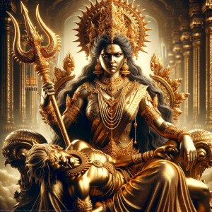 portrait of angry looking goddess durga sitting on a gold crown and carrying a weak mahishasur on her lap and stabbing him with her amazingly designed trident. She is wearing gold armor, a huge gold crown, gold saree, abundant  gold jewelry, covered in blood. The scene is set in ancient India. The image is 8K resolution, cinematic, ultra detailed face and epic.