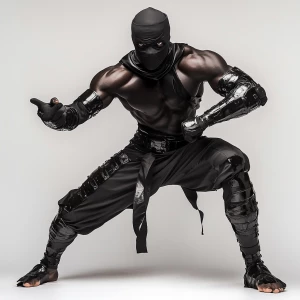 Wide angle shot of A full body pose of a muscular Nigerian Ninja...