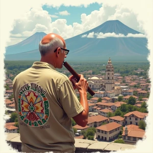 Draw a 60-year-old man with a bald head, overlooking the city of...