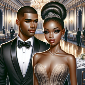 A light skin African American couple at a fancy ballroom event....