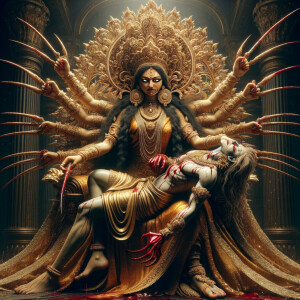 photograph of angry looking goddess durga sitting on a gold crown and carrying a weak mahishasur on her lap and poking him with her amazingly long red fingernails. She is wearing gold armor, a huge gold crown, gold saree, abundant  gold jewelry, covered in blood. The scene is set in ancient India. The image is 8K resolution, cinematic, photography, ultra detailed face and epic.