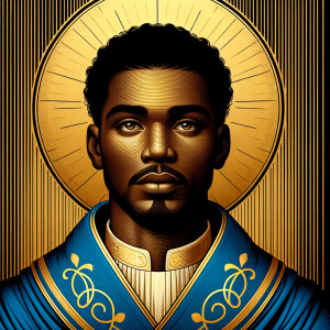 Create a African-American Christian Jesus, with brown eyes, wearing a blue and gold robe