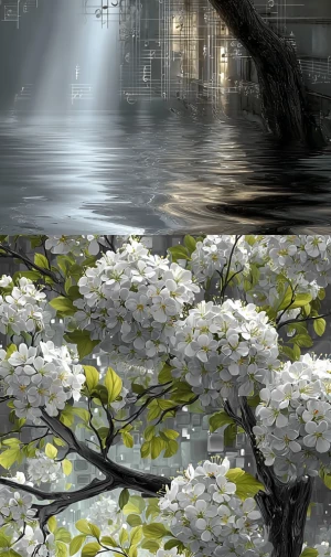 White flowering tree. music notes, glitch, oozing cosmic oily li...