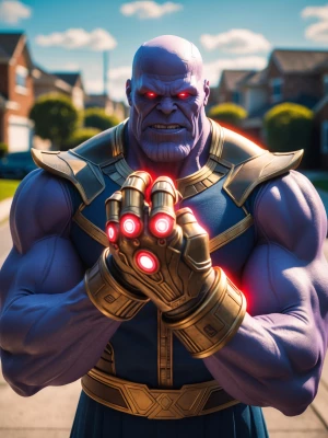 Thanos stands confidently in a suburban neighborhood, displaying...