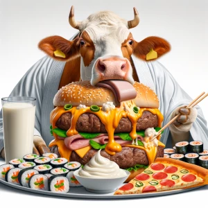 Cow eating a burger with yougert with sushi and meat and pizza w...